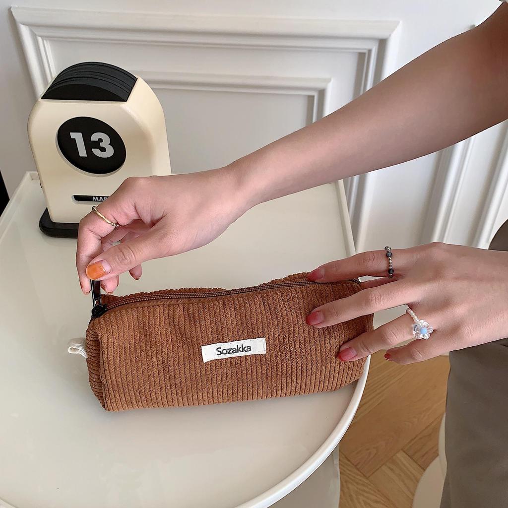 In Stock: Retro Corduroy Pencil Case - Solid Color, Simple Design for High School Students