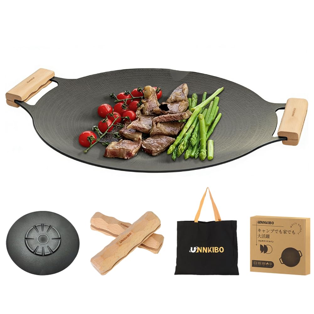 

UNNKIBO Grill Pan 4mm Suitable for Direct and Induction with for Outdoor BBQ Wooden Handle and Storage Multi-Griddle 33cm, Thick, Flame, Gas, чёрный