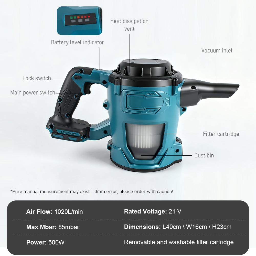21V Cordless Vacuum Cleaner Brushless Motor Removable and Washable Filter Powerful Suction Handheld Vacuum Cleaner