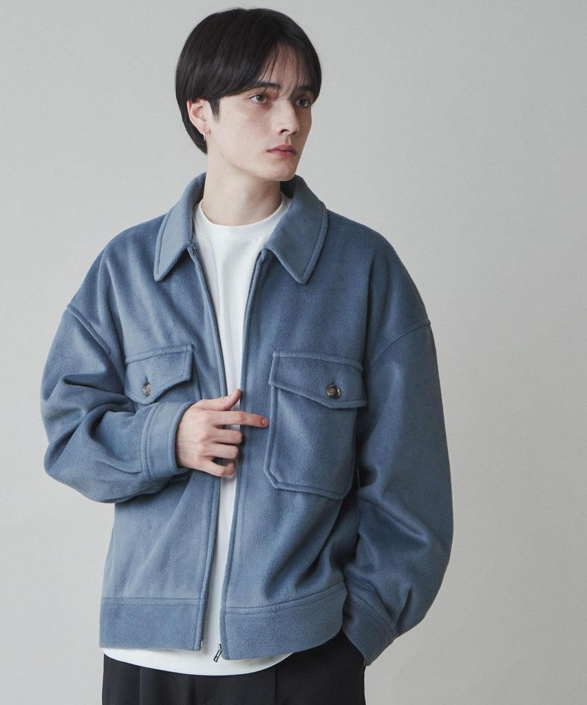WEGO Unisex Knit Melton Zip Blouson Outerwear Cold Weather Solid Check Oversized Korean Size Type A Blue Men's Coat, Outerwear, Jacket, Pattern,