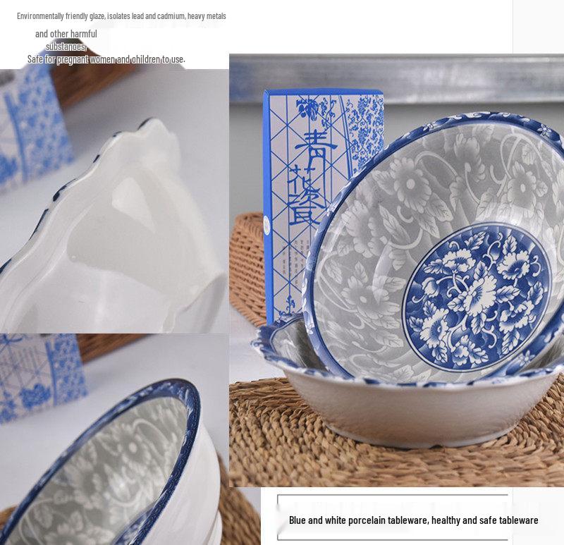 Set of 2 Large Blue & White Ceramic Bowls for Soup, Noodles, or Rice - Versatile Tableware