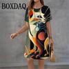 2026 Casual Short Sleeve Dress Summer O-Neck Women'S Loose Fashion Painting Funny Cat Print Dress Harajuku Streetwear Dress