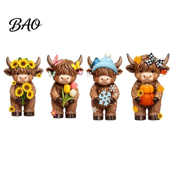 Gift for Besties Colleagues 4 Pcs Seasonal Highland Cow Figurines, Spring Summer Fall Winter Small Animal Statue Bookshelf Seasons Scottish