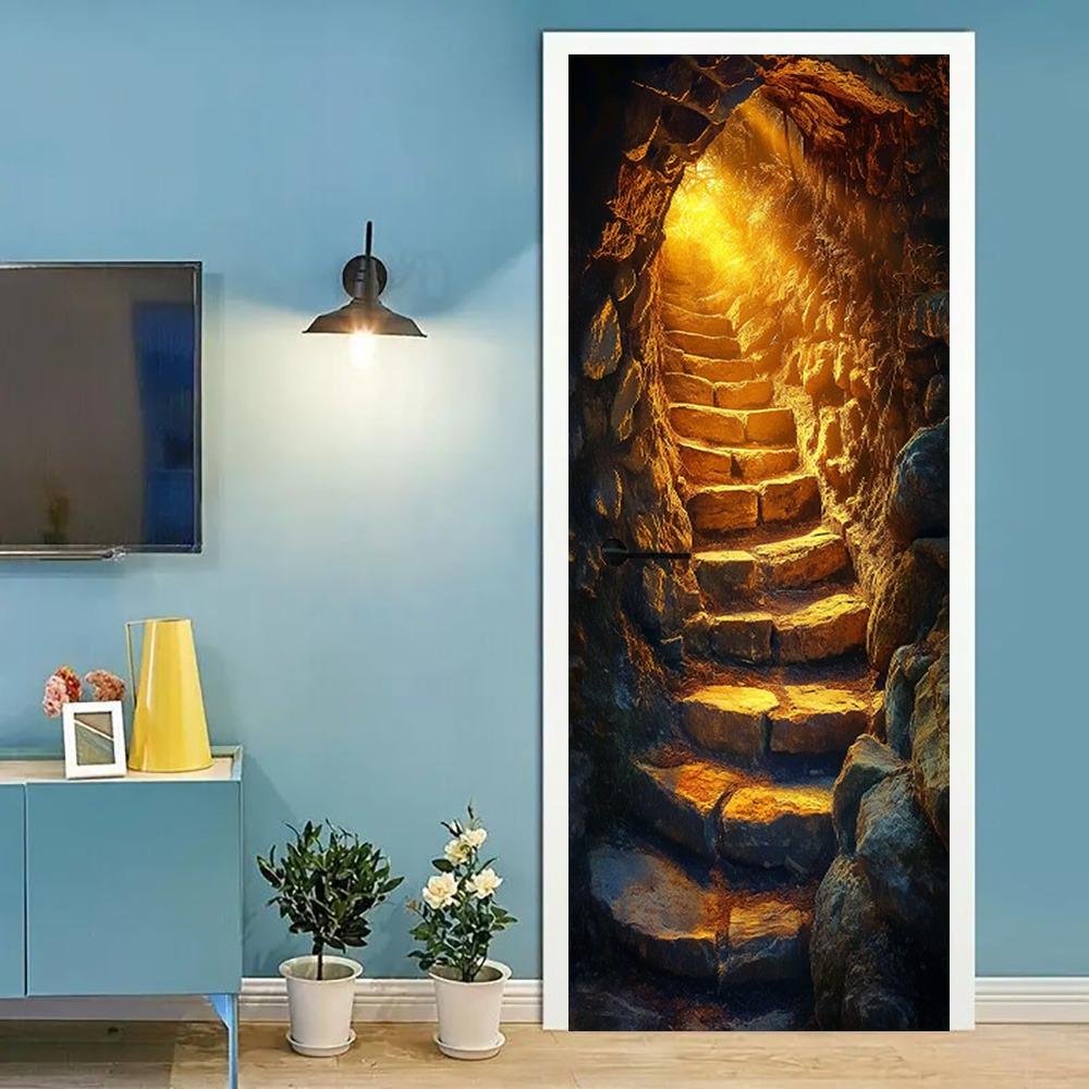 Cave scenery door stickers, suitable for bedrooms, living rooms, and bathrooms; natural landscape wall stickers.