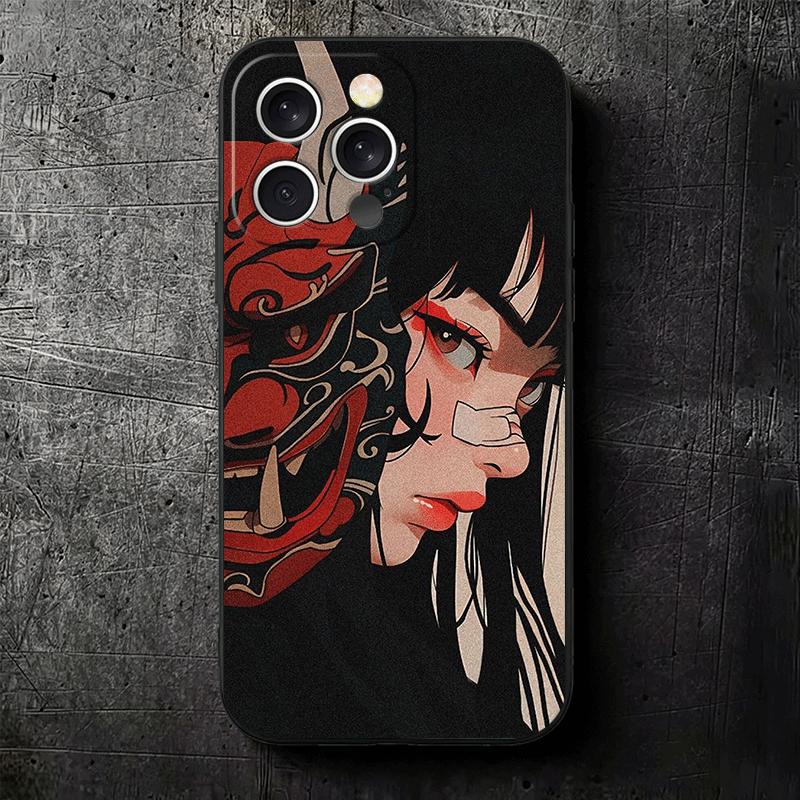 Japanese Oni Mask Girl Soft Phone Case for iPhone 16 16E 17 Air 15 Pro Max 14 Plus 13 Mini 11 12 7 Black Cover Back Shell