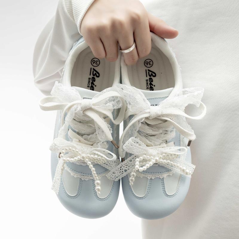 Pell satin pearl ribbon casual shoes Dexun shoes soft sole round head Forrest Gump shoes
