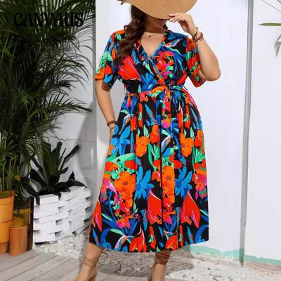 Letní dámské plus size V-neck květinové prázdninové plážové šaty