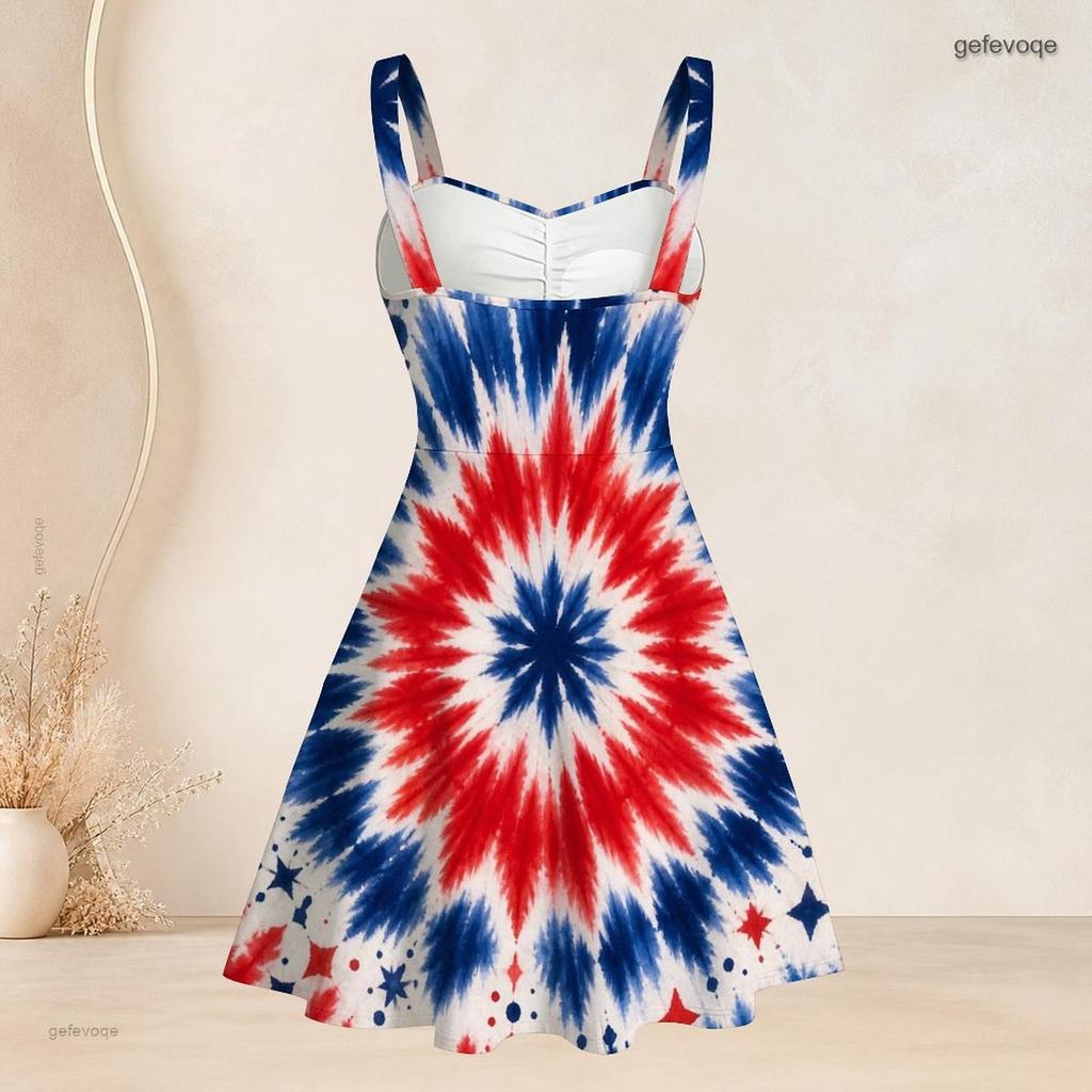 Women Plus Size Spaghetti Strap Off Shoulder Dress Tie Dye Mandala Patriotic Print Swing Dress