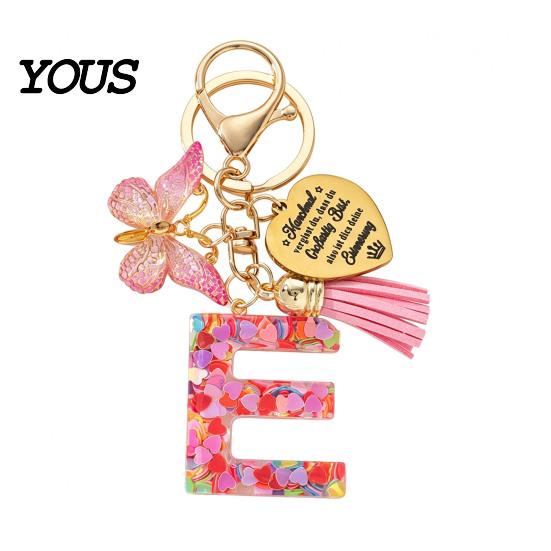 Keychain Pendant Pendant, Sequins Initial Letter Charm Key Chain with Butterfly Tassel Stainless Durable Steel Heart Design, A-Z Holder for Bag