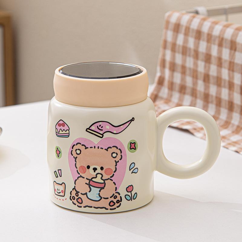 Mirror Covered Ceramic Cup with Lid Spoon Cartoon Mug Girl Cute Household Large Capacity Drinking Cup