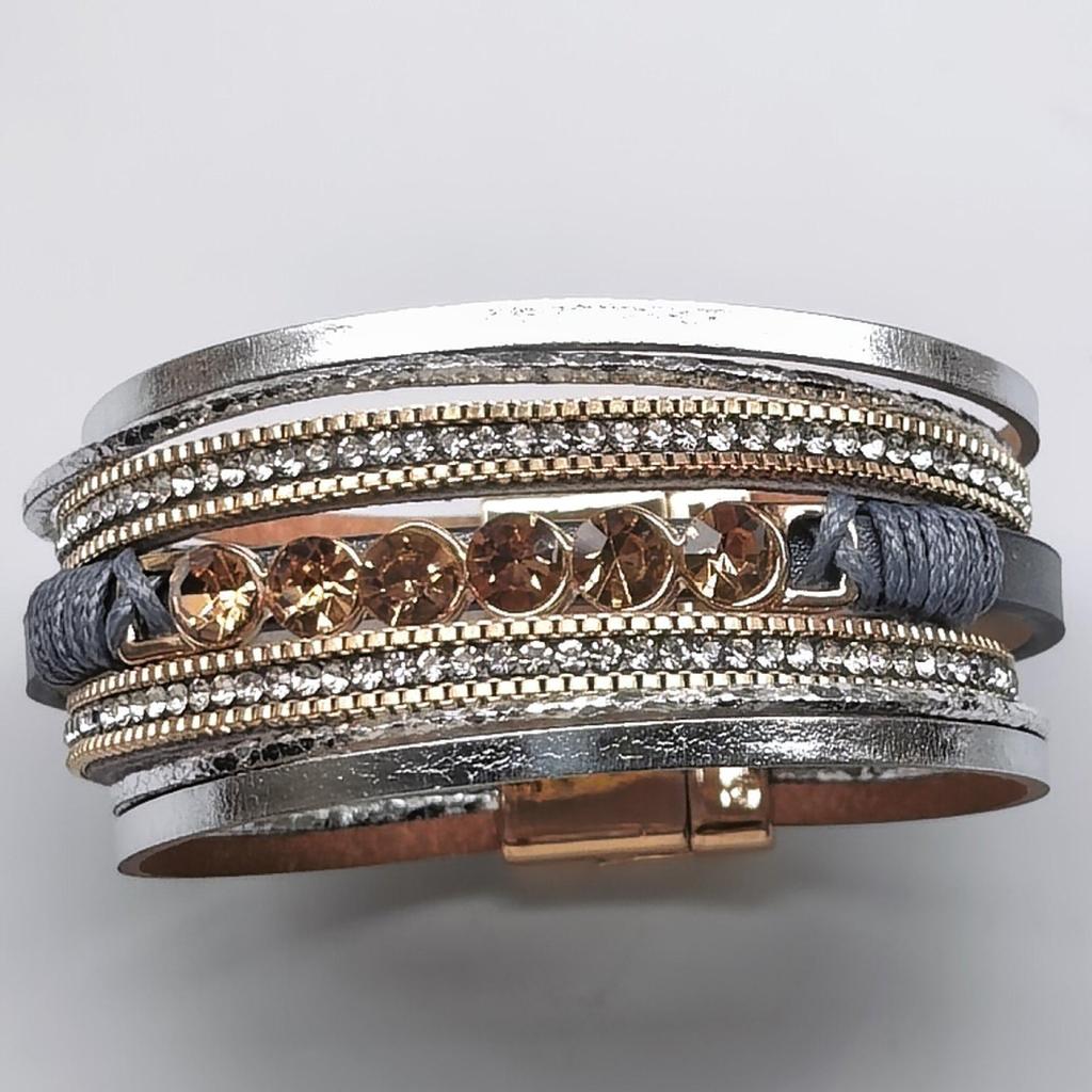 Bohemian Multilayer Geometric Leather Bracelet with Wide Edge and Magnetic Buckle - Ethnic Style Rhinestone Hand Jewelry