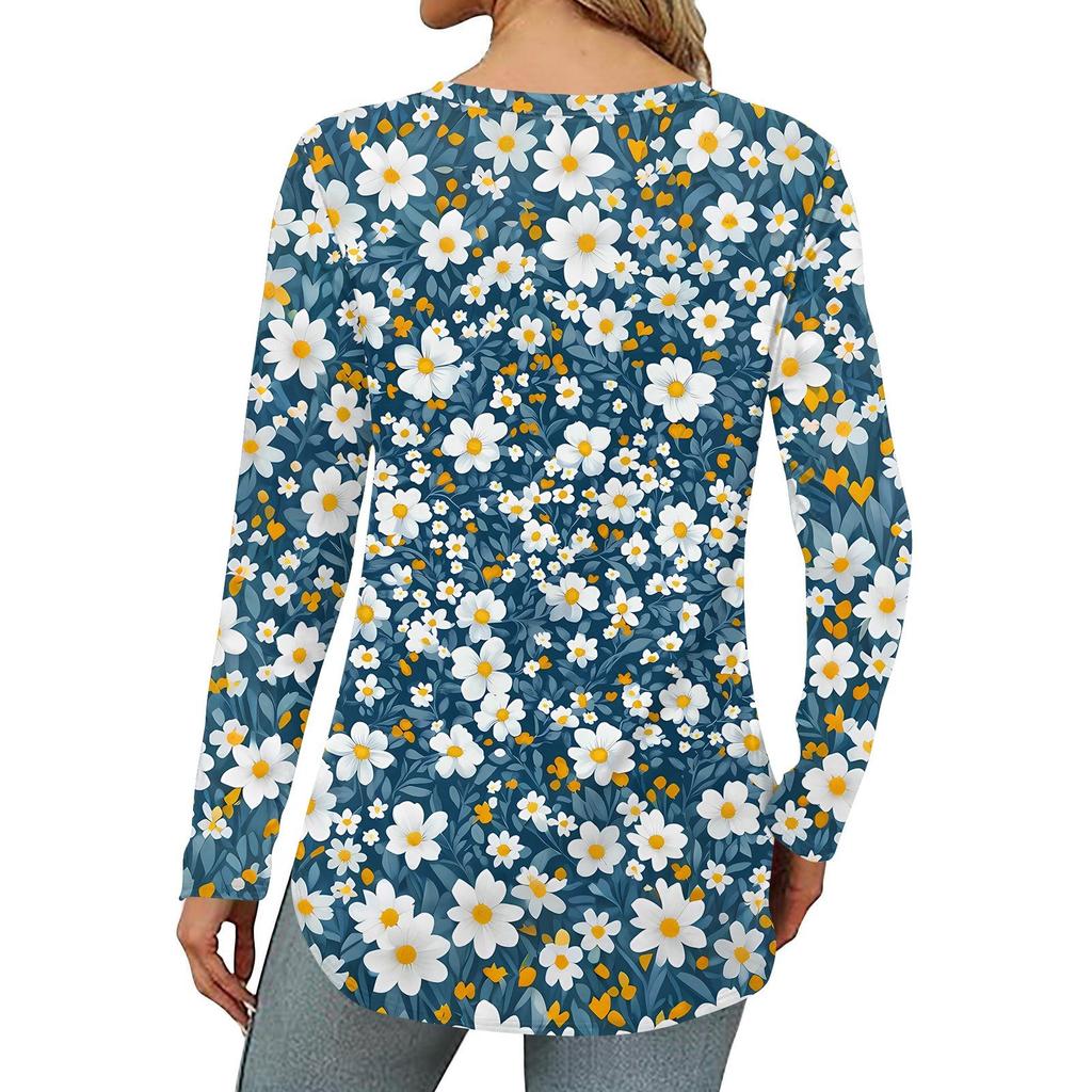 Women's Loose Round Neck Print Long Sleeve T-Shirt Top Pullover