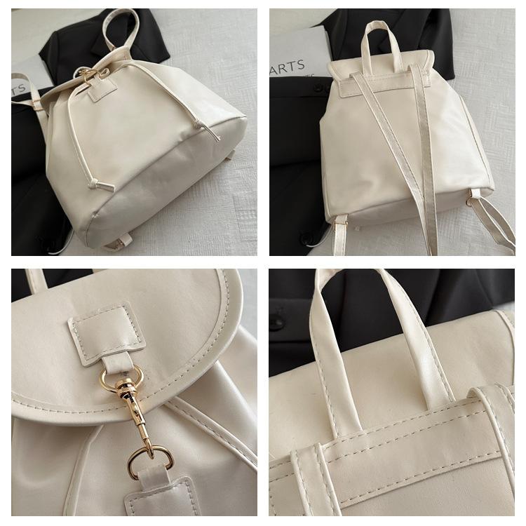 Soft PU Leather Drawstring Flap Backpack, Minimalist Gold Hardware Casual Daily Travel Bucket Backpack For Women