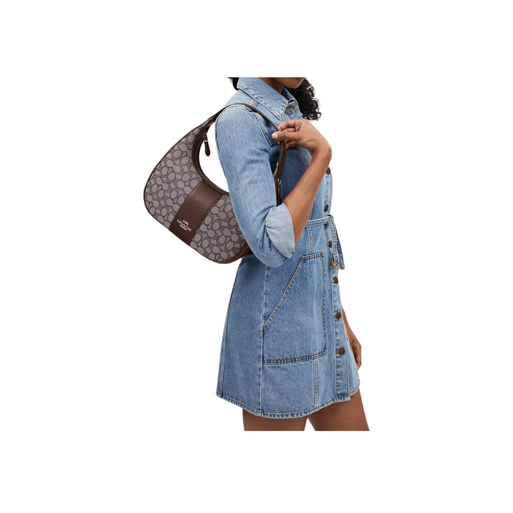 Coach Carmen 29 Signature Jacquard Zip Closure Smooth Leather Tote Shoulder Bag Large Women Bags Silver Maple CV001-SVS8S
