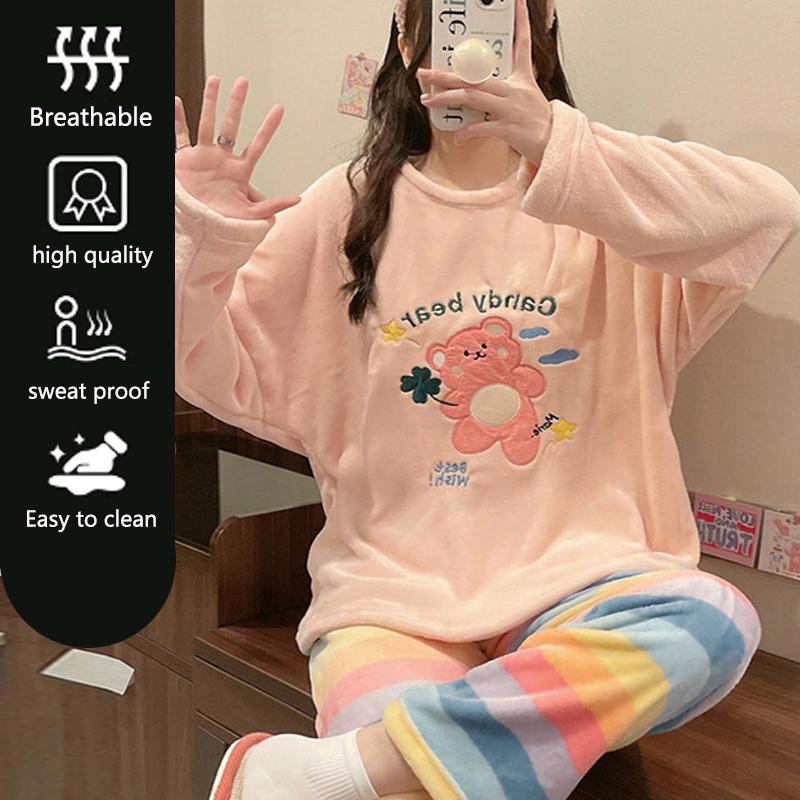 Thickened Warm Autumn Winter Pyjamas Long-Sleeved Trousers Female Coral Velvet Cartoon Bear Two-Piece Homewear Girl