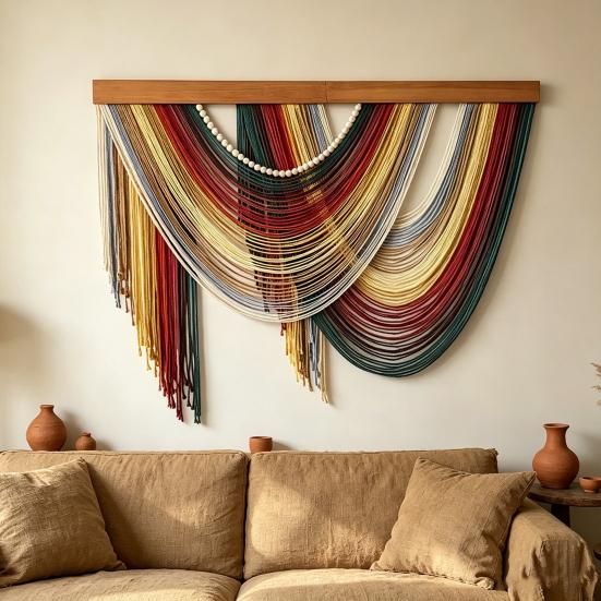 Decorazione da Parete Boho Arazzo Boemo Arte da Parete Fatta a Mano con Nappa Grande Sfondo in Corda di Cotone Intrecciata per Soggiorno Camera da Letto Asilo
