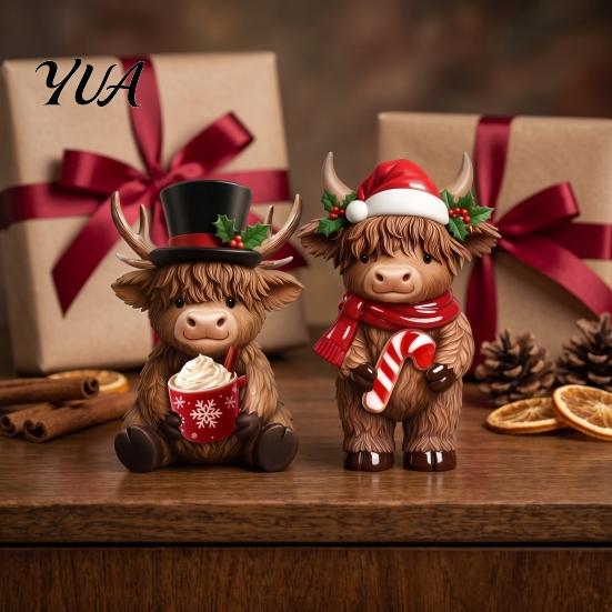 Winter Home Accents 2Pcs Christmas Highland Cow Figurines, Resin Santa Reindeer Cow, with Hat, Decorative Cattle Statue Hot Cocoa, Decor for