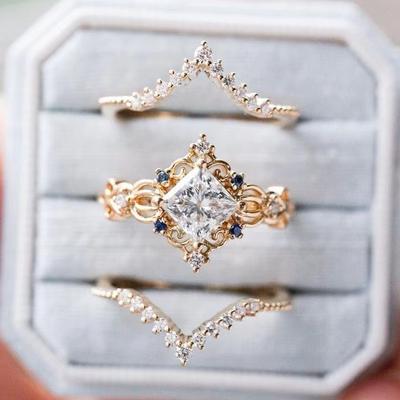 Princess Pattern Ring, Zircon Three-piece Ring, Inlaid with Rhombus Diamonds, Exquisite Index Finger Ring for Women