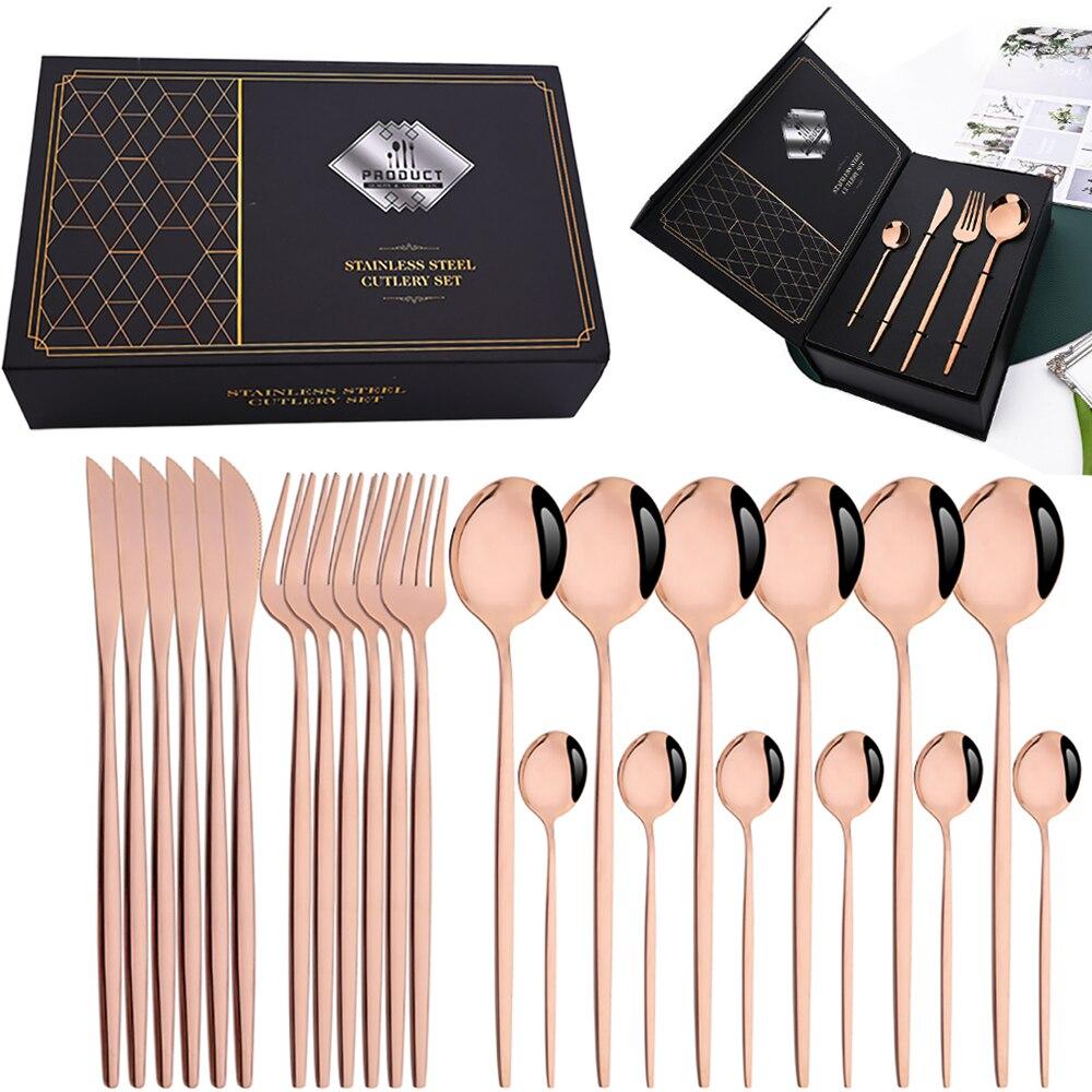 

Jankng 24 шт. Барвистий набір столового посуду Набір столових приборів з нержавіючої сталі Кухонне дзеркало Набір посуду Обідній ніж Виделка Ложка Столовий набір подарункової коробки 24pcs with box рожевий колір золота