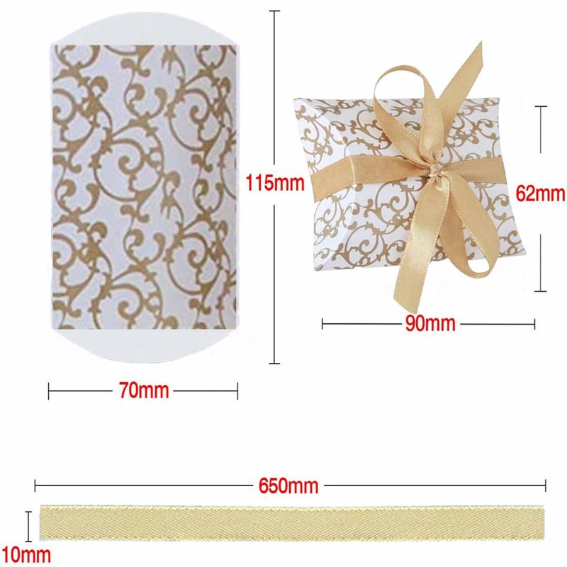 50 Stück gemusterte kissenförmige Pralinenschachtel mit Band, viel Platz für Hochzeitsgeschenke, Schmuck, Snacks