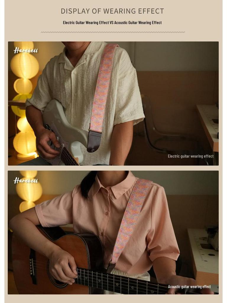 Coconut Tree Pattern Guitar Strap with Bronze Buckle - Pink Shadow & Grey Vine Design