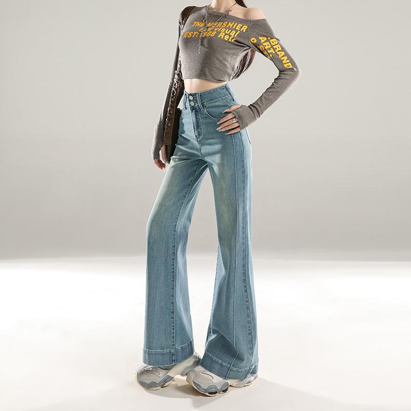 

Женские эластичные джинсы микро-клеш с высокой посадкой, на двойной пуговице и с контролем живота - стройнящий пэчворк, Осень/Зима 2025. Medium