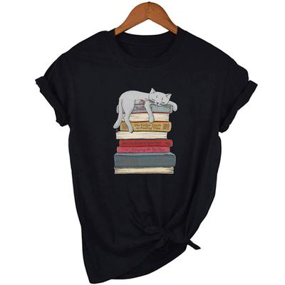 Sleeping Cat And Book Graphic Tees Women Harajuku Summer Short Sleeve T Shirt Streetwear Tumblr Female