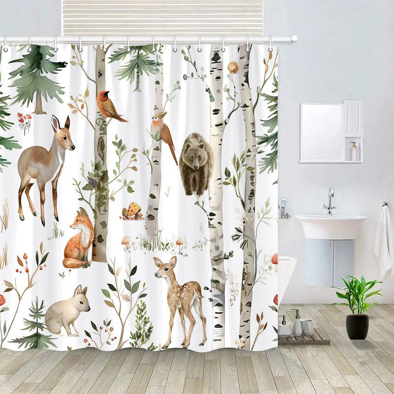Winter Forest Animals Shower Curtain Black Bear Fox Deer Squirrel Rabbit Watercolour Art Scenery Bath Curtain Set Bathroom Decor