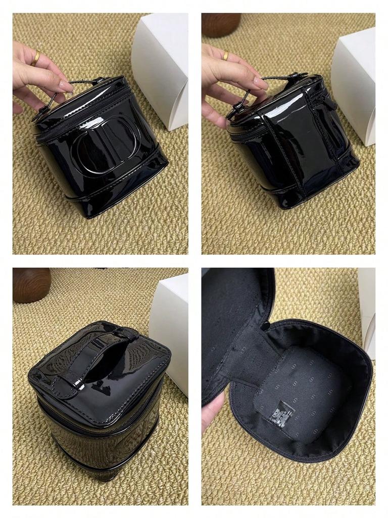 Dior Borsa Trucco Vanity Nuova Marca, Custodia Cosmetica Cilindrica Nera Lucida, Custodia Portatile da Viaggio per Articoli da Toeletta