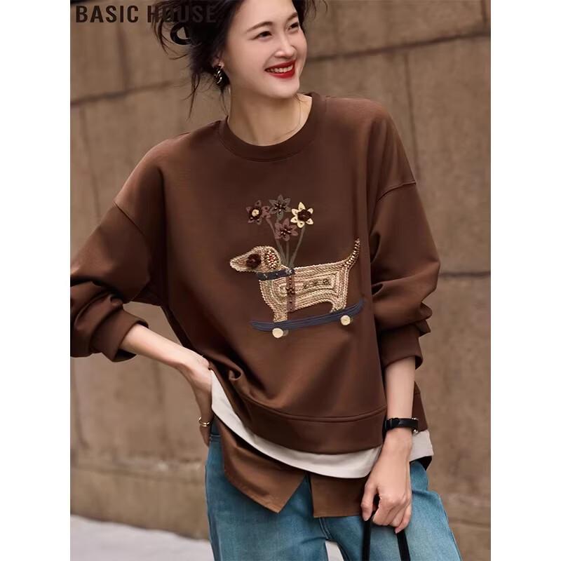 Basic House Embroidered Fake Two-Piece Round Neck Sweatshirt L