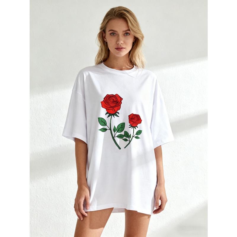 Black Oversized T Shirt With Red Rose Print For Casual Wear