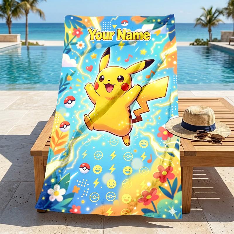 Custom Name Pikachu Jump Stylish Digital Printing Beach Towel Quick‑Drying Absorbent Blanket for Beach Pool Gym Travel
