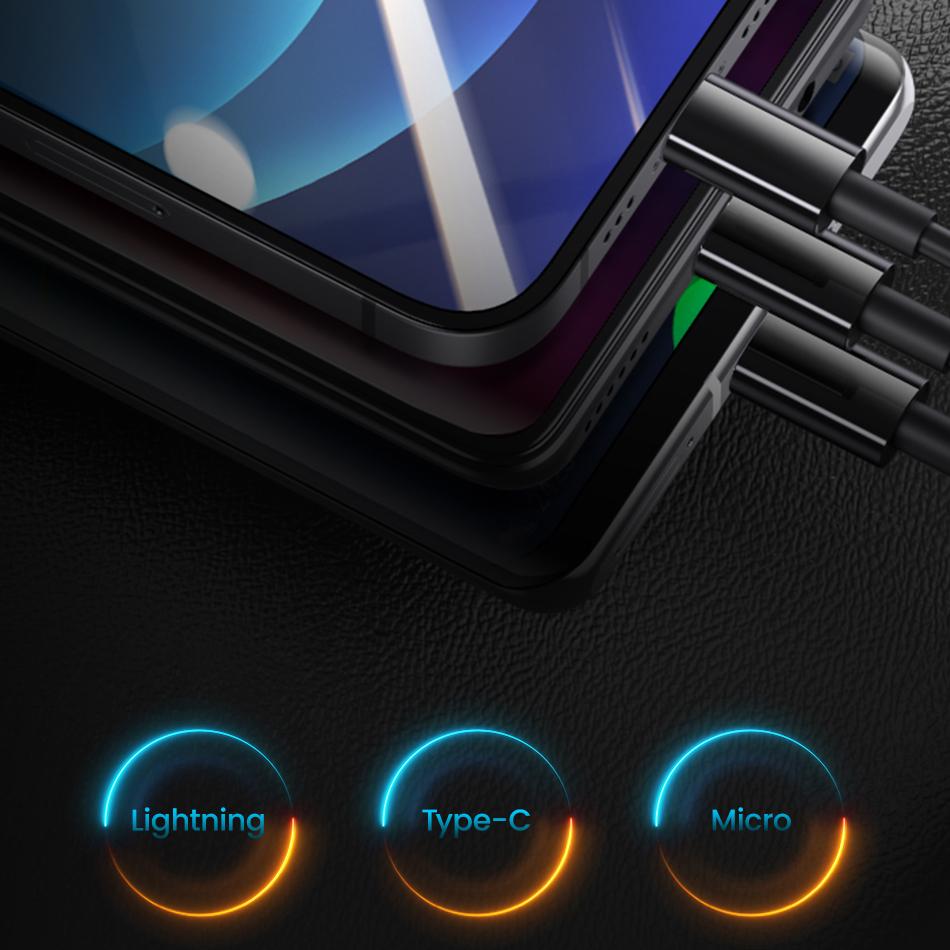 USAMS 3.4A LED Digital Display Car Charger With 3 In 1 Cable Dual USB Phone Charger For iPhone iPad Xiaomi Huawei Samsung Tablet