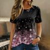 Women Short Sleeve Round Neck Top Floral Print Button Detail Casual Blouse Lightweight Summer Shirt