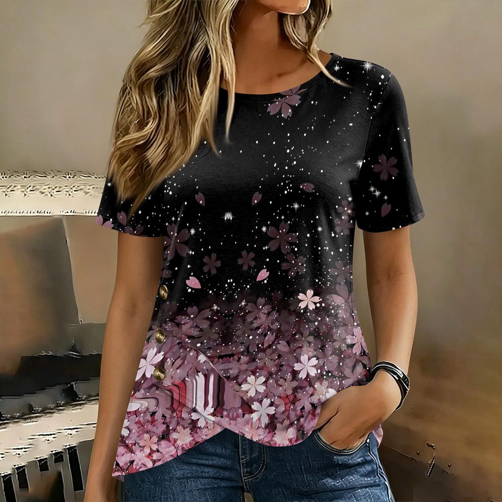 Women Short Sleeve Round Neck Top Floral Print Button Detail Casual Blouse Lightweight Summer Shirt