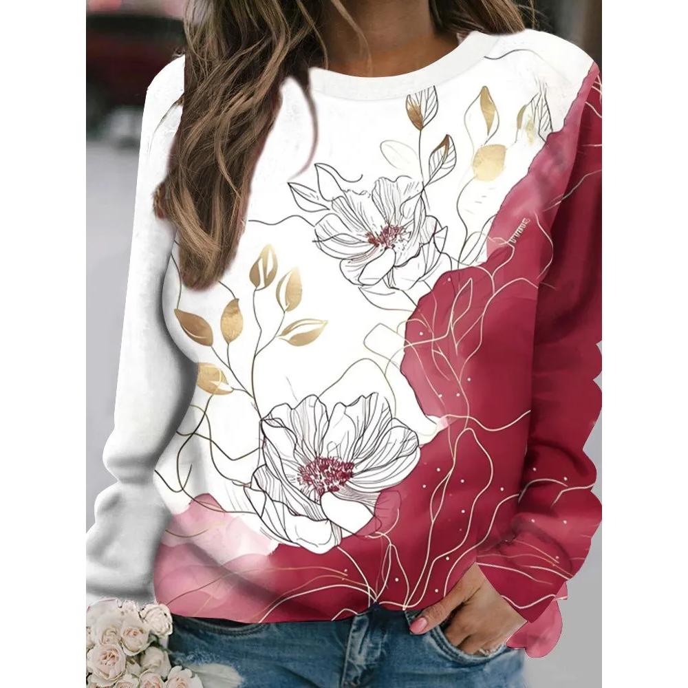 Fashion Versatile Flower Print Women's Top Long Sleeve Casual Loose T-Shirts Women’s Pullovers Long Sleeves Women’s
