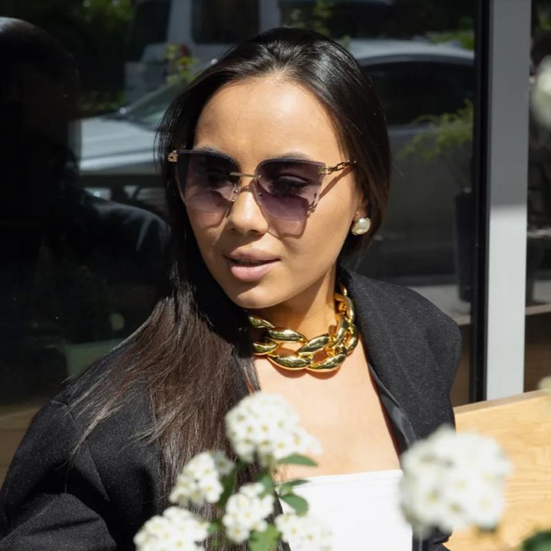 2pcs Fashion Rimless Large Cat Eye Sunglasses Women Gradient Brown Cutting Lens Sun Glasses For Female Alloy Eyeglasses UV400