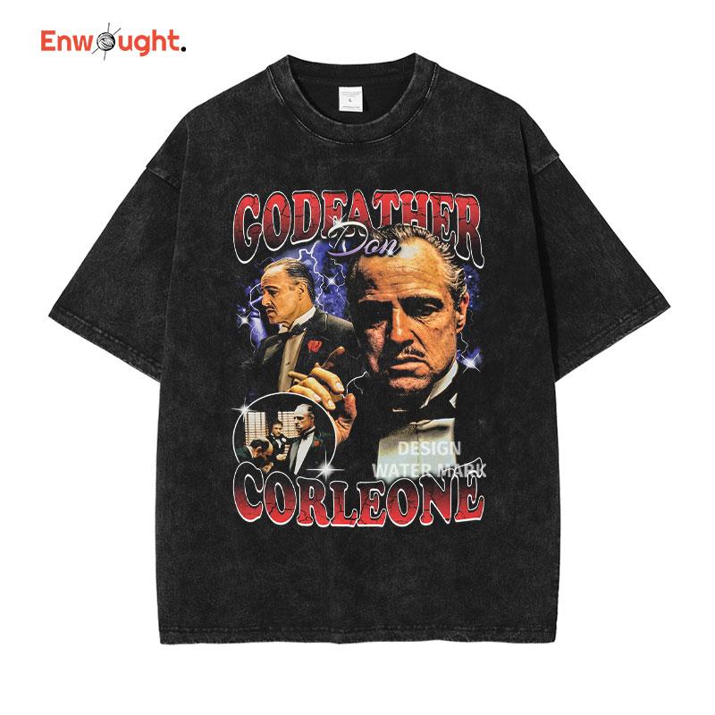 Godfather T Shirt Harajuku Movie Vintage Washed Tops Tees DTG Printing Short Sleeve Oversized Retro Men's Clothing 100% Cotton