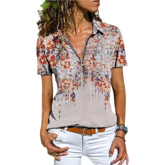 T-shirt Large Size Print Blouse Zipper Summer Ethnic All Match Slim-fitting Travel