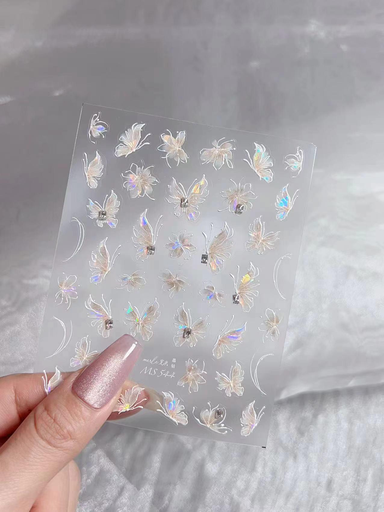 3D Embossed Tulip & Butterfly Nail Stickers with Crystal Accents
