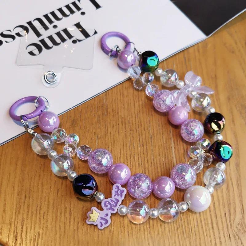 Mobile Phone Lanyard Transparent Bead Lanyard Women Fairy Crystal Wrist Crack Bead Double Chain Clip Style Anti Loss Pendant