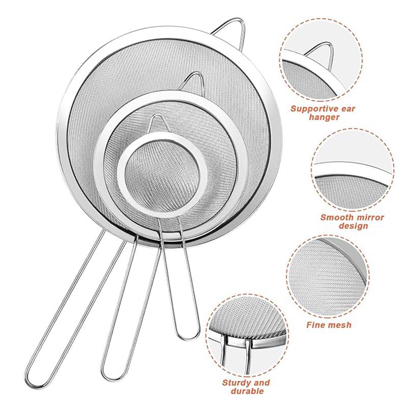 3Pcs/Set Mesh Strainer with Handle, Small Medium Large Size Sifter Metal, Stainless Steel Sieve Strainers for Kitchen