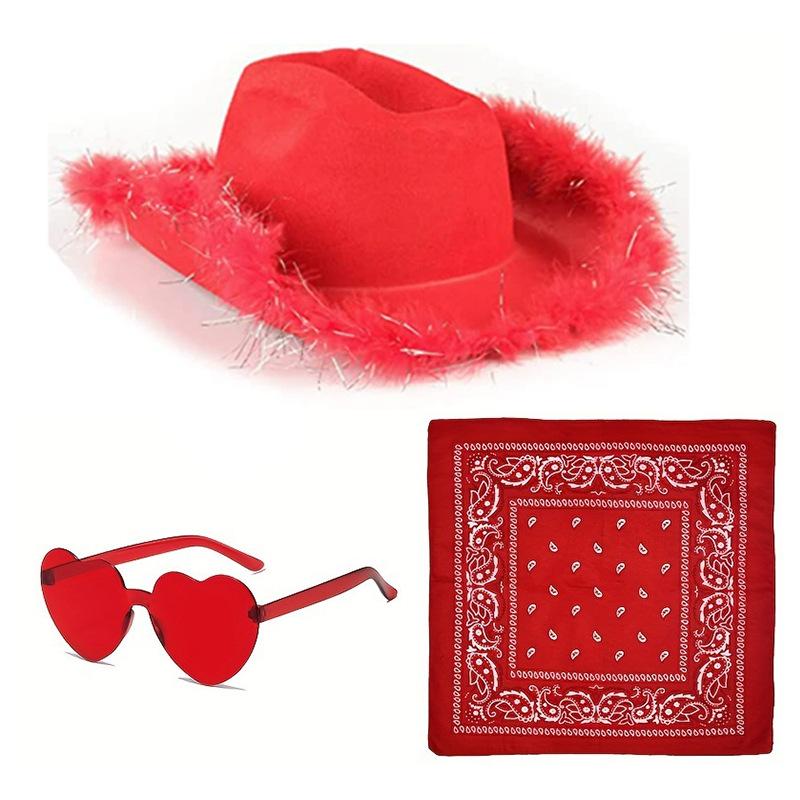 Feather Edge Letter Cowboy Hat Sequins Pink Western Rough Edge Cowboy Hat Glasses Square Towel Three-piece Set