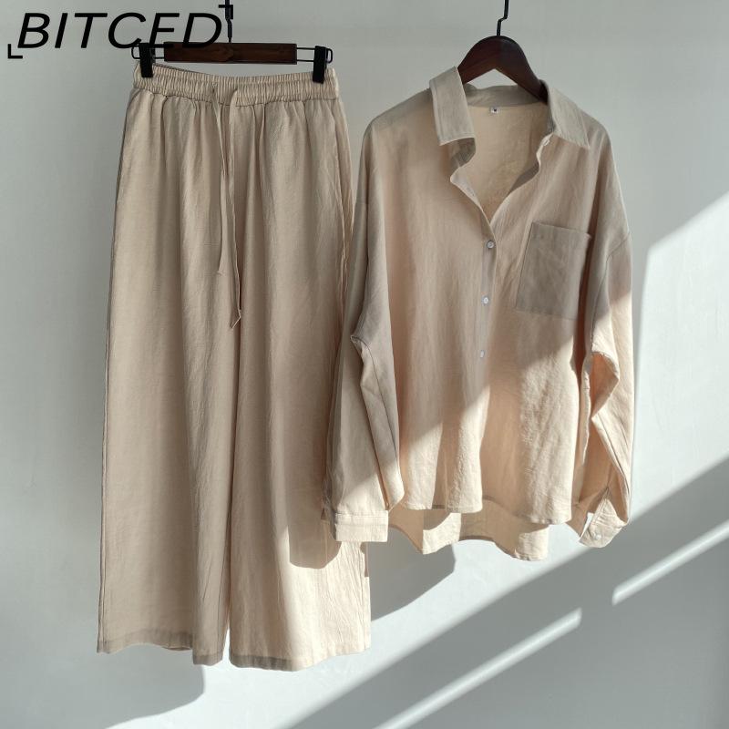 BITCED Women's 2-piece Vintage Plus-size Cotton and Linen Shirt Set High-waisted Loose Trousers