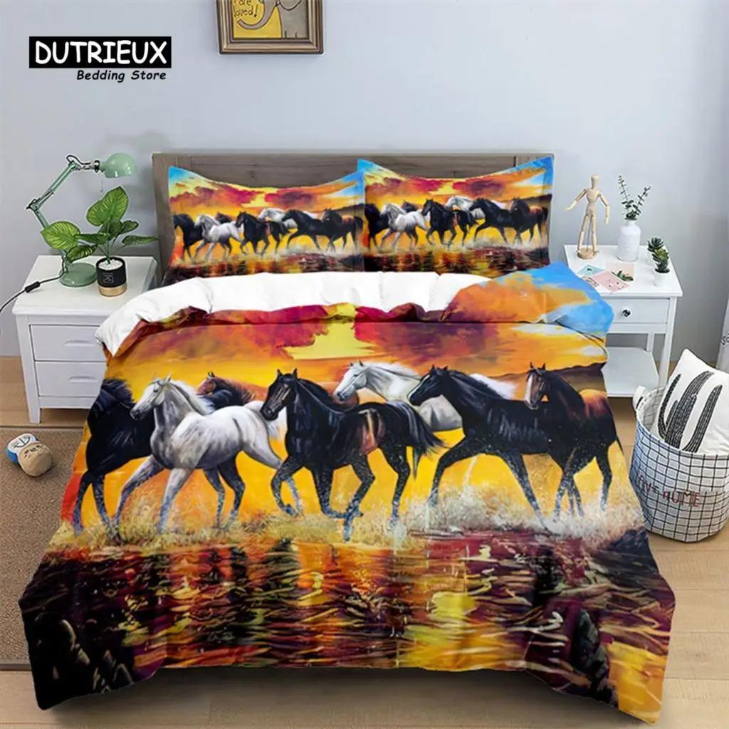 Horse Comforter Cover Set For Kids Toddler Farm Animal Pattern Bedding Set Boys Girls 3 Piece Farmhouse Cowboy Duvet Cover Set