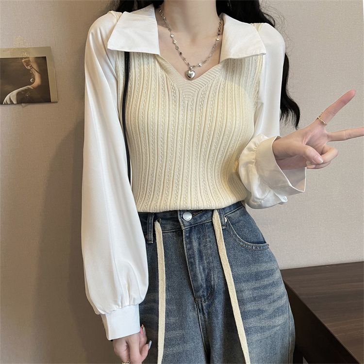 Wiosenno-jesienny dekolt w serek z łączonymi klapami i rękawami typu latarnia, dwuczęściowy, krótki top z dzianiny damskiej z długim rękawem