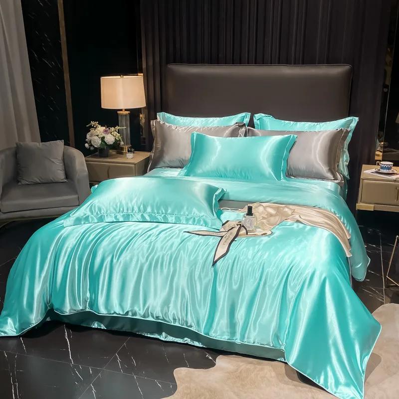 Conjunto de Roupa de Cama Nórdico 100% Seda com Capa de Edredom Lençol Fronha Luxo Casal Solteiro Casal Verão Liso Rainha Rei Lençol