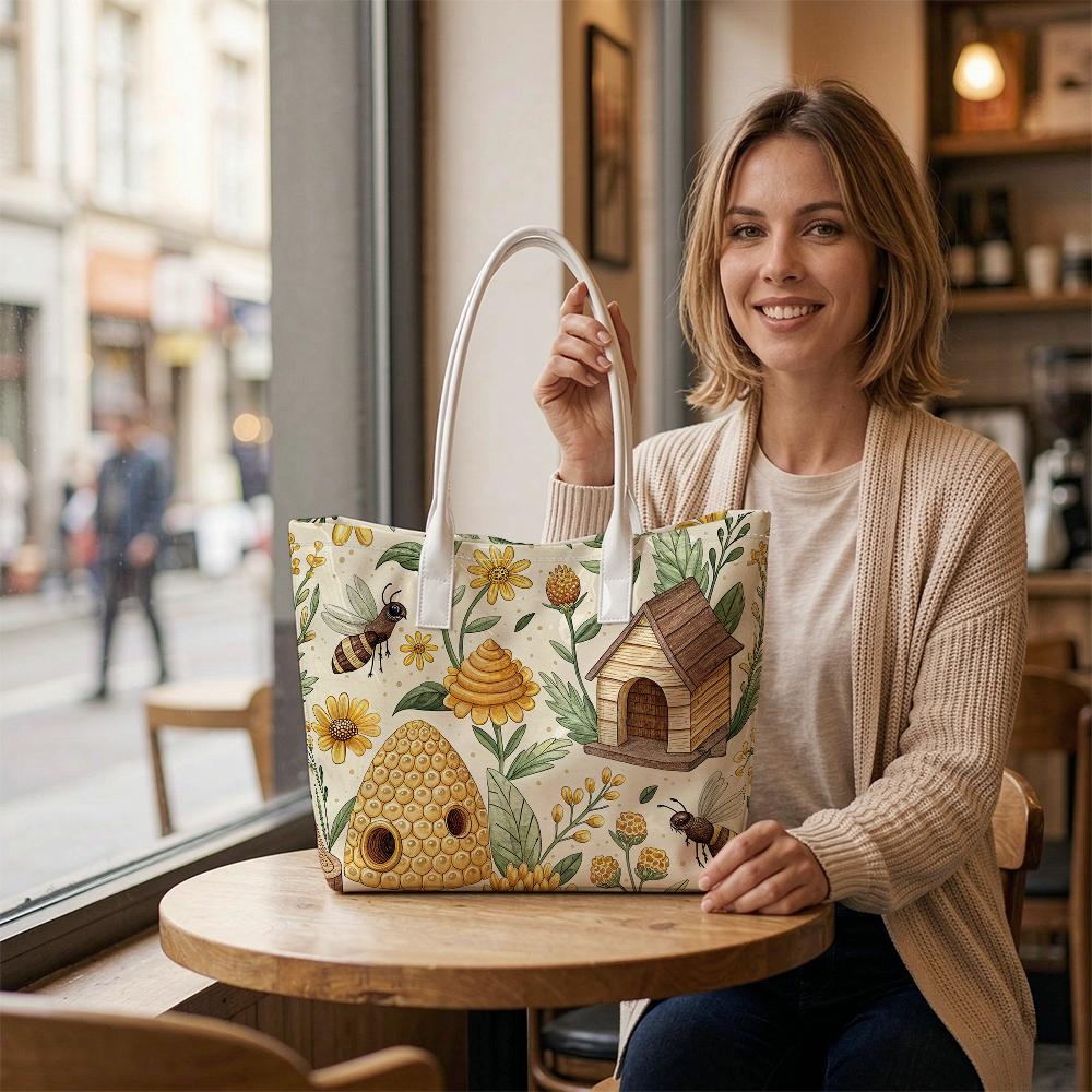 Bee Flower Pattern Tote Bag Casual Fashion Handbag for Daily Shopping Travel Use