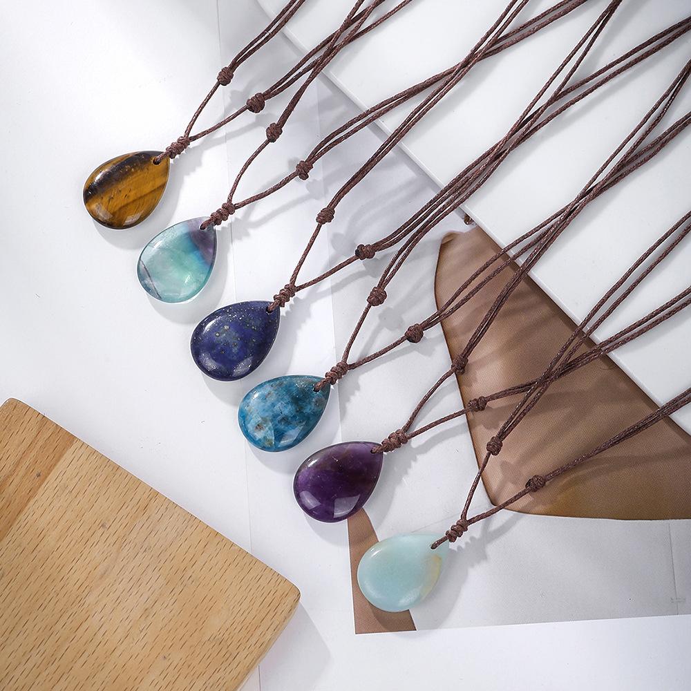 Natural crystal pendant, amethyst necklace, hand woven, water droplet jewelry