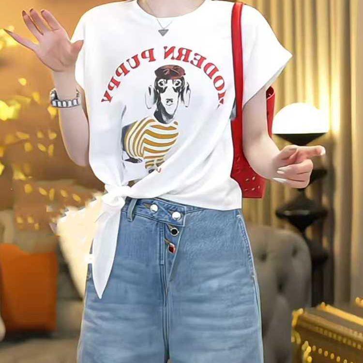 

Plus Size Cartoon Print Asymmetrical Short Sleeve Women s Summer Loose Slimming Fashion Top 3XL (161-180 jin) білий